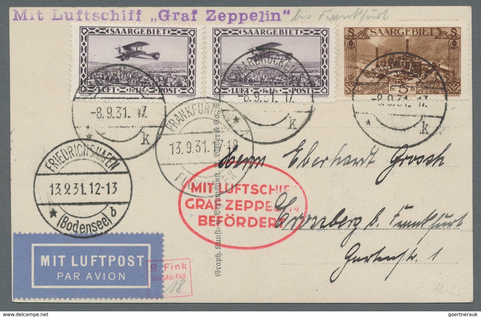 Zeppelinpost Deutschland: 1931 - Fahrt Nach Öhringen/Strecke F.-hafen-Frankfurt, Zuleitung Saar Auf - Airmail & Zeppelin