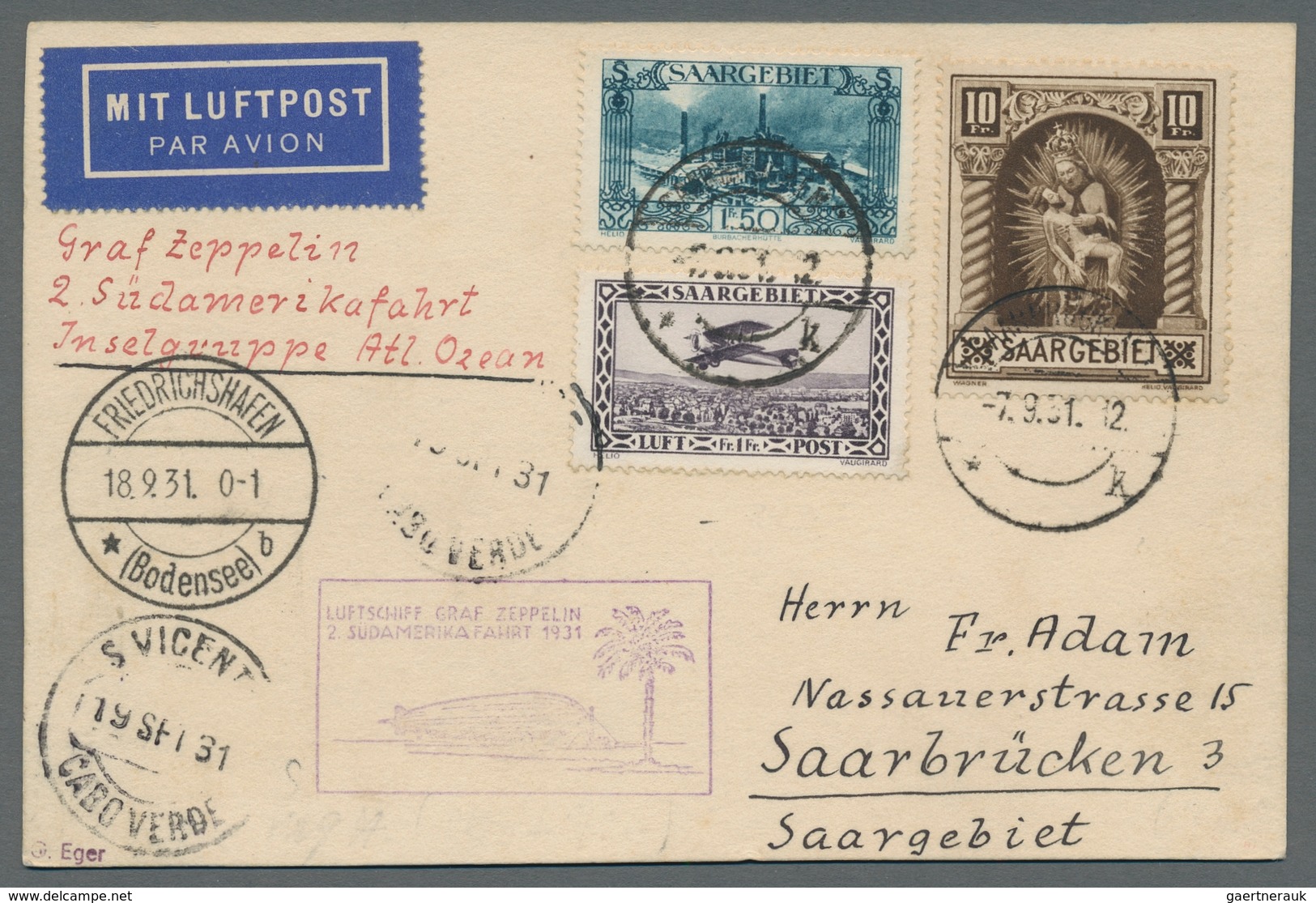 Zeppelinpost Deutschland: 1931 - 2. SAF, Zuleitung Saar Auf Portorichtig Und Hochwertig Mit U.a. Mi. - Luft- Und Zeppelinpost