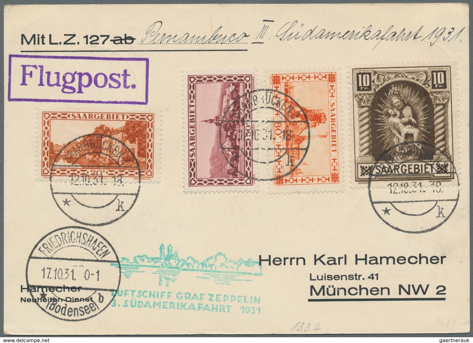 Zeppelinpost Deutschland: 1931 - 3. SAF, Zuleitung Saar Auf Karte Mit Auflieferung Friedrichshafen, - Airmail & Zeppelin