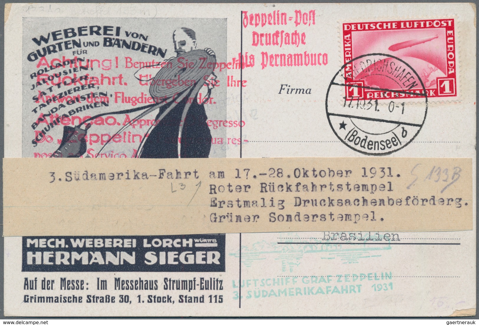 Zeppelinpost Deutschland: 1931: Hermann Sieger Drucksachen-Testkarte "Mech. Weberei H. Sieger Auf Le - Luft- Und Zeppelinpost