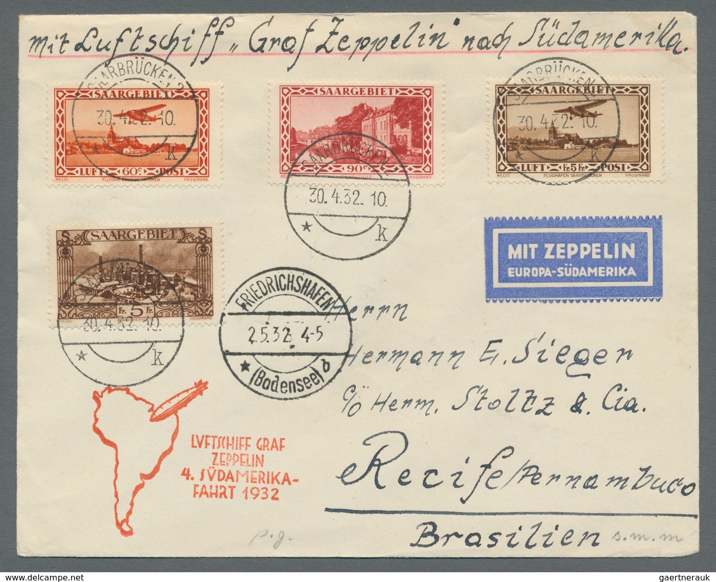 Zeppelinpost Deutschland: 1932 - 4. SAF, Zuleitung Saar Auf Hochwertig Und Portorichtig U.a. Mit Mi. - Airmail & Zeppelin