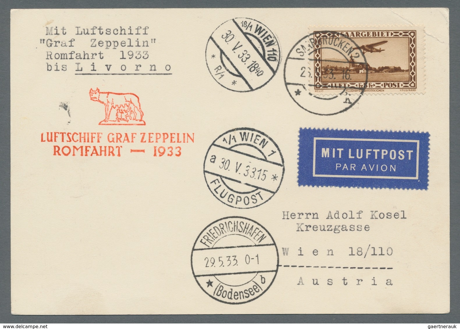 Zeppelinpost Deutschland: 1933 - Italienfahrt, Zuleitung Saar Mit Auflieferung Friedrichshafen, Best - Luft- Und Zeppelinpost