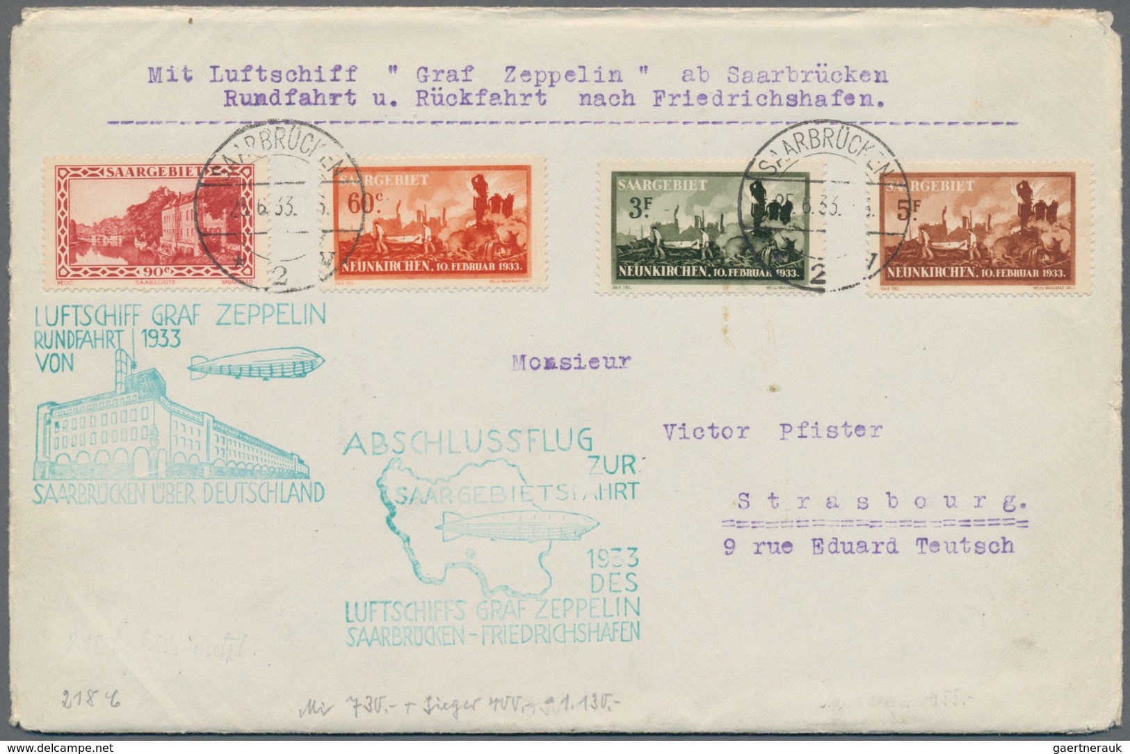 Zeppelinpost Deutschland: 1933, Explosionsunglück Neunkirchen 60 C. - 5 Fr. Mit ZuF Auf Zeppelin-Bri - Luft- Und Zeppelinpost