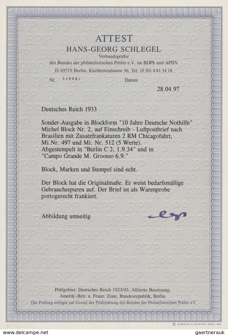 Zeppelinpost Deutschland: 1934, Block "10 Jhare Deutsche Nothilfe" Mit 2 Rm Chicagofahrt Und 5 X 1 P - Luft- Und Zeppelinpost