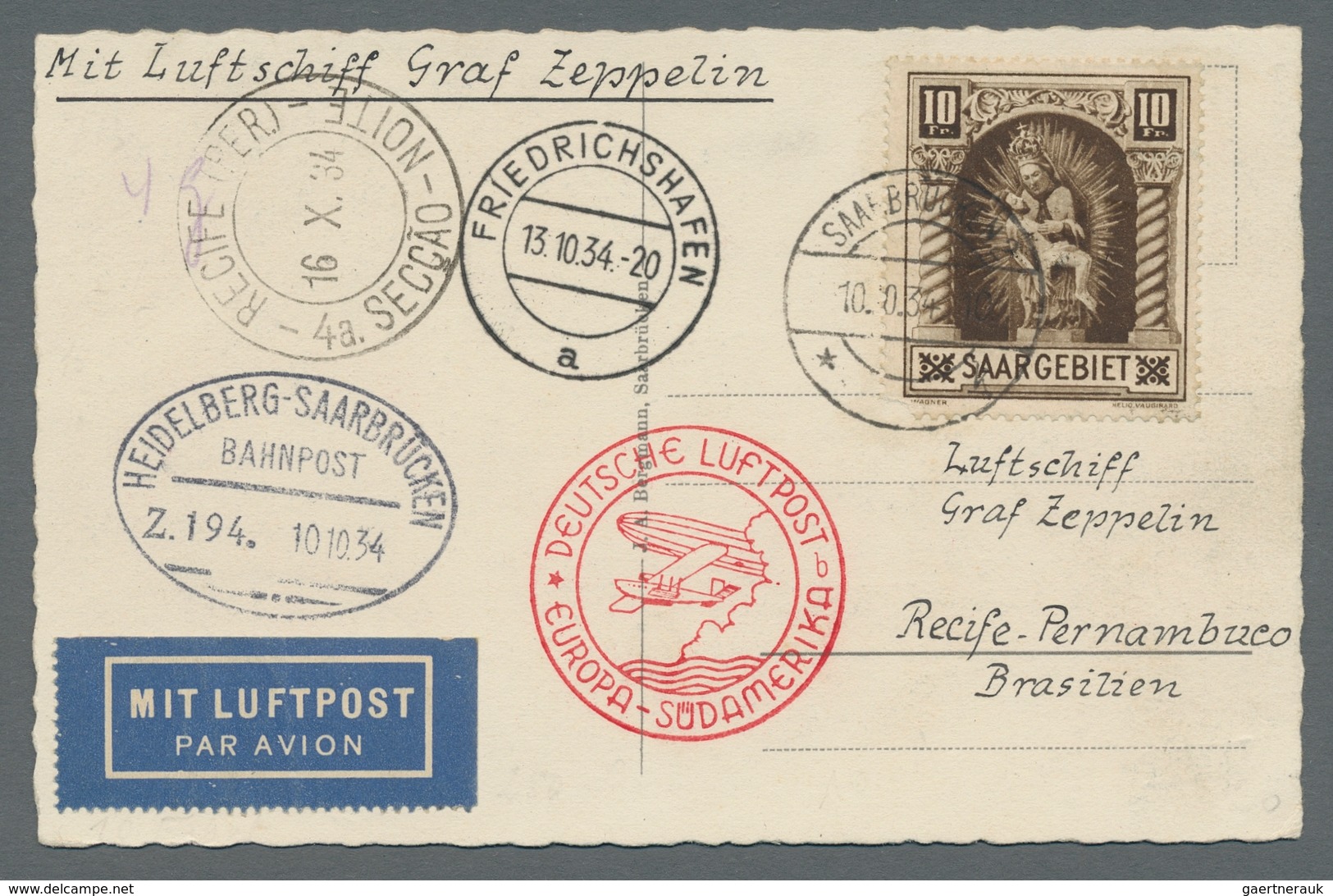 Zeppelinpost Deutschland: 1934 - 10. SAF, Zuleitung Saar Auf Hochwertig Mit Mi. 103 (Eckzahnfehler) - Luft- Und Zeppelinpost