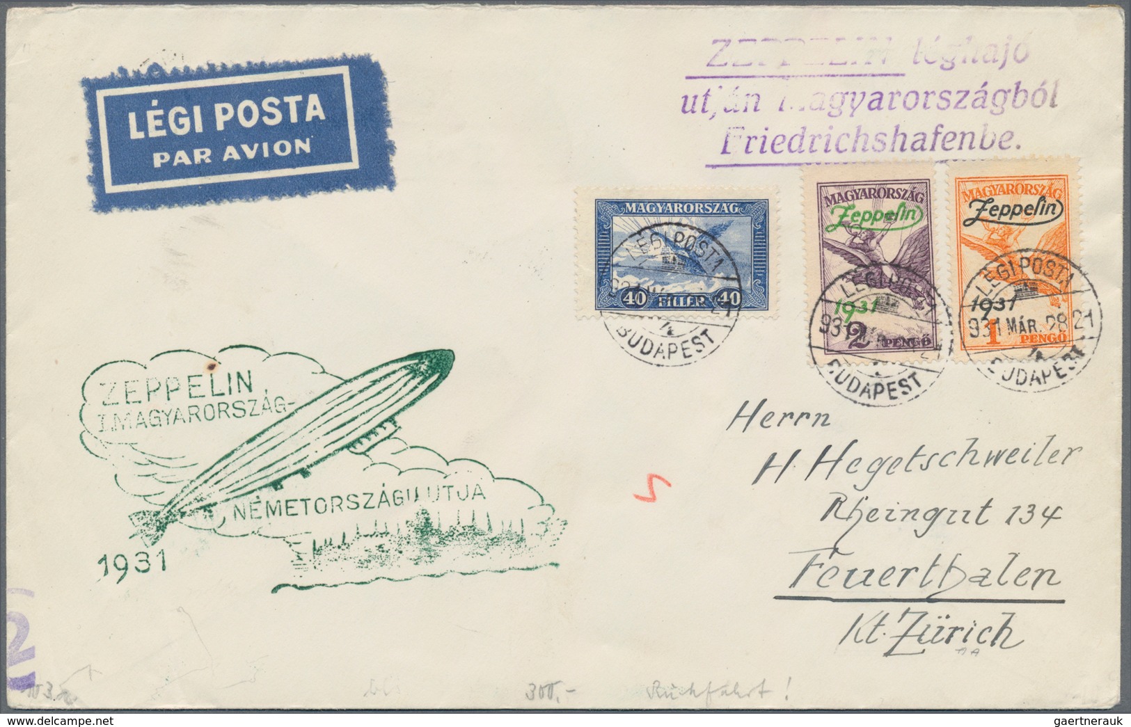 Zeppelinpost Europa: 1931, Hungary Flight, Hungarian Post With Both Stamps 1 And 2 Pengö On Cover Fo - Europe (Other)