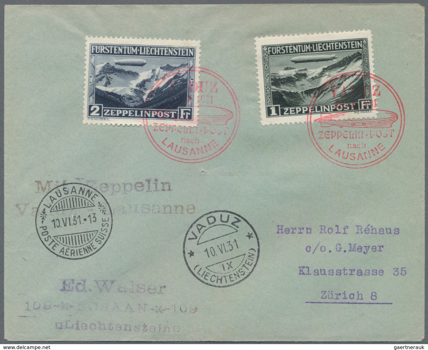 Zeppelinpost Europa: 1931, Liechtenstein, Fahrt Vaduz - Lausanne, Karte Mit 1 Fr., Brief Mit 2 Fr., - Europe (Other)