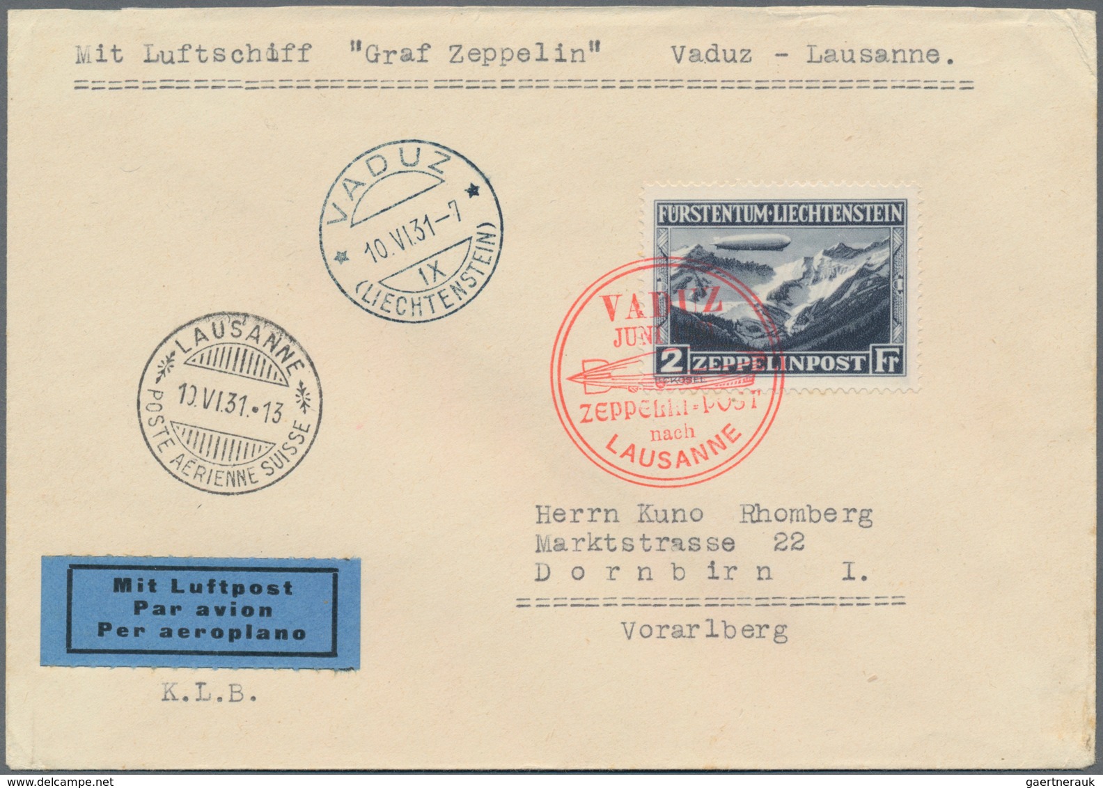 Zeppelinpost Europa: 1931, Liechtenstein, Fahrt Vaduz - Lausanne, Karte Mit 1 Fr., Brief Mit 2 Fr., - Europe (Other)