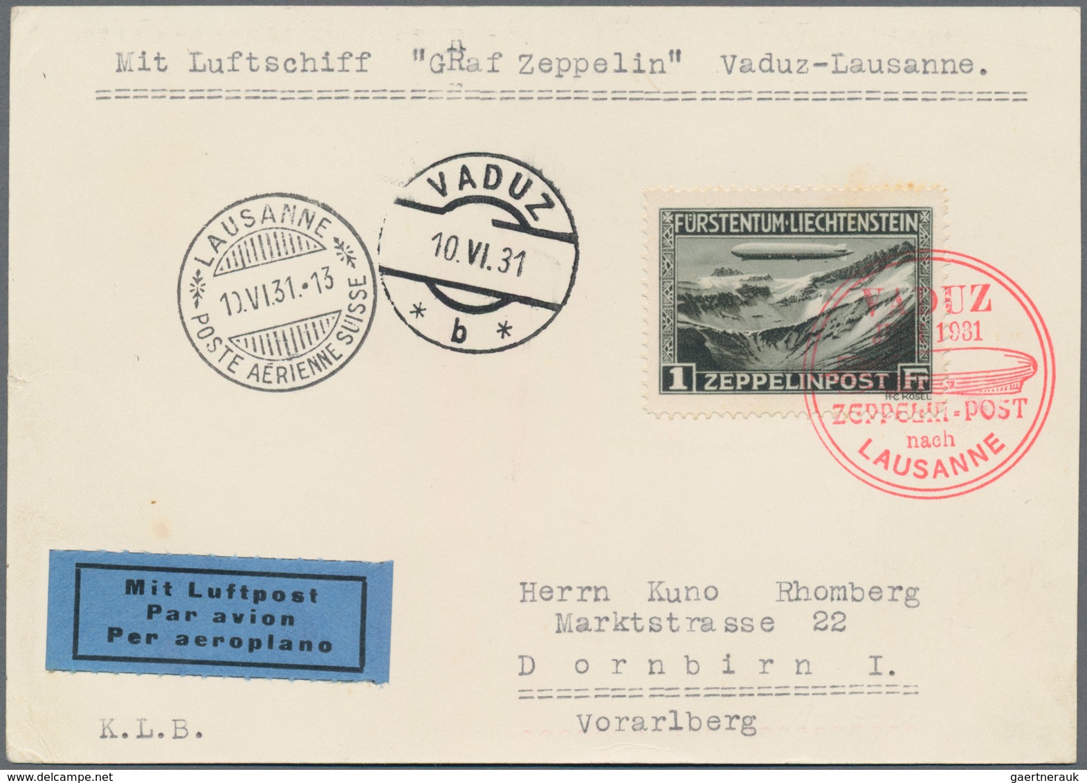 Zeppelinpost Europa: 1931, Liechtenstein, Fahrt Vaduz - Lausanne, Karte Mit 1 Fr., Brief Mit 2 Fr., - Europe (Other)