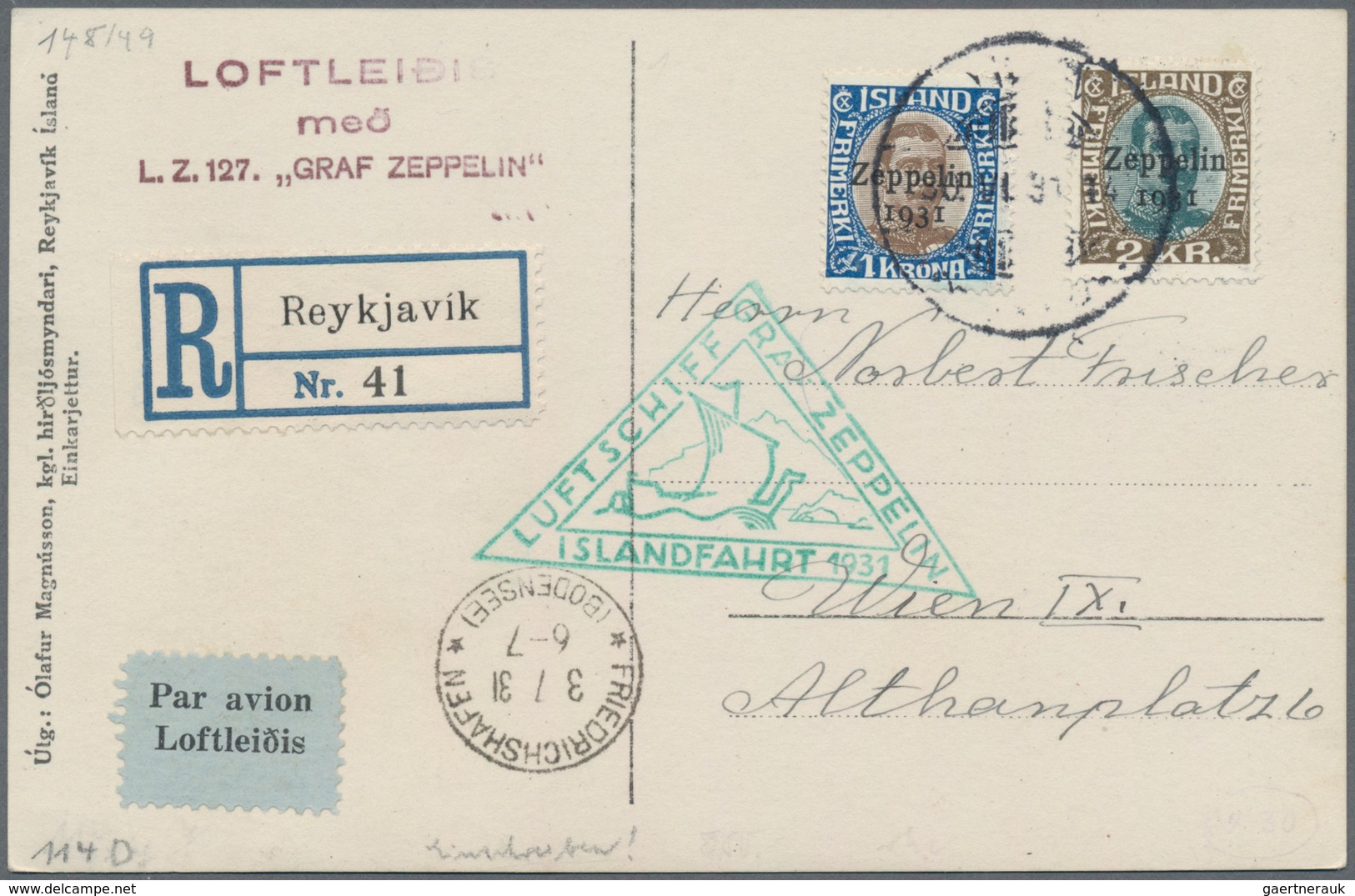 Zeppelinpost Europa: 1931, Iceland Flight With 'Graf Zeppelin', Iceland Post With Two Registered Ppc - Europe (Other)