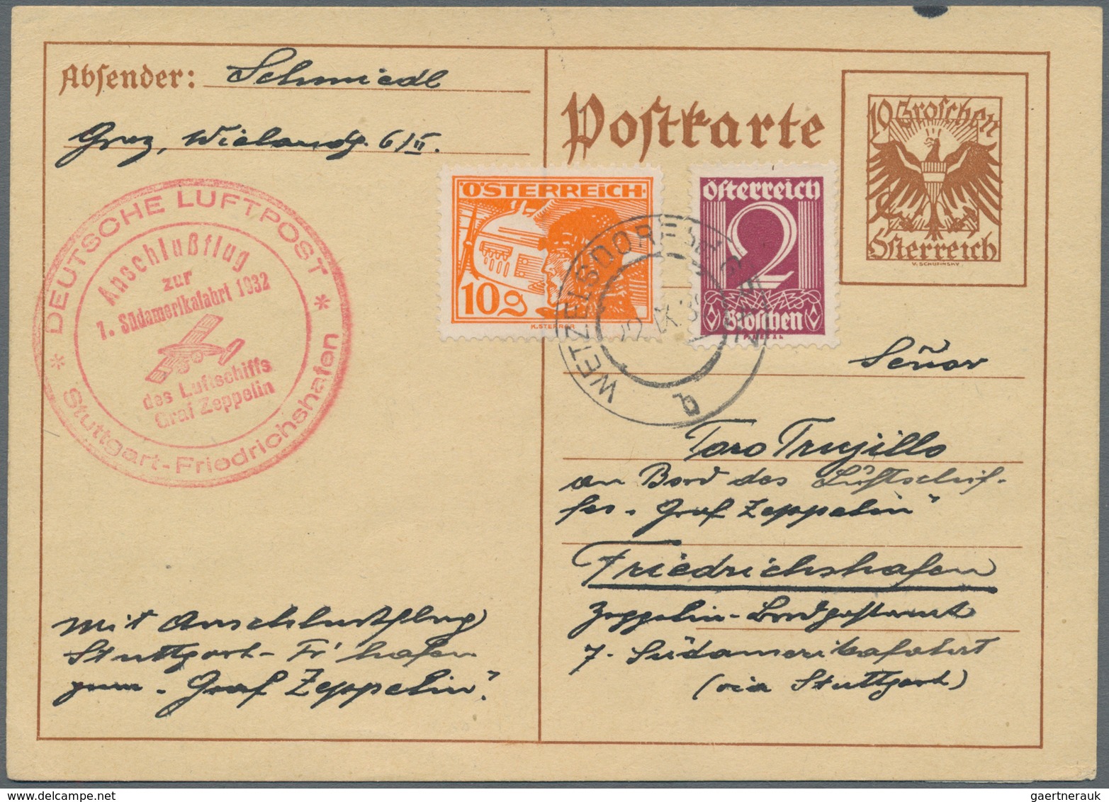 Zeppelinpost Europa: 1932. Upfranked Austrian Ganzsache / Postal Stationery Card With Cachet For Bei - Europe (Other)
