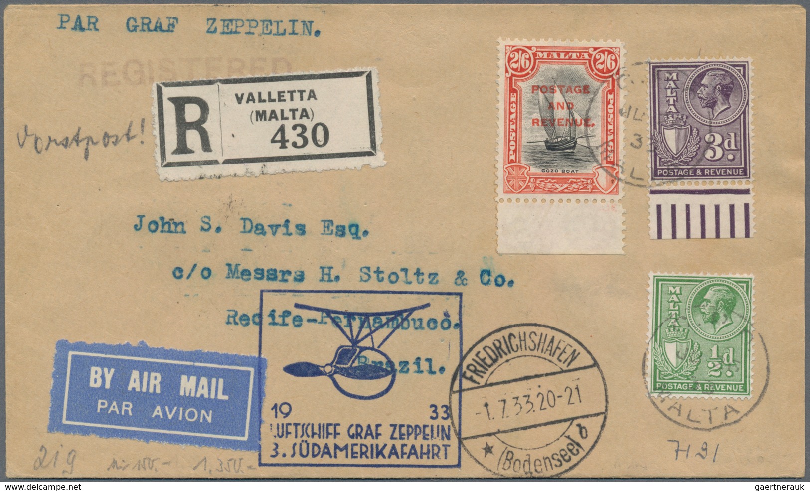 Zeppelinpost Europa: 1933, MALTA, 3. Southamerica Flight 'Graf Zeppelin', Malta Post 1/2 And 3 D. An - Andere-Europa
