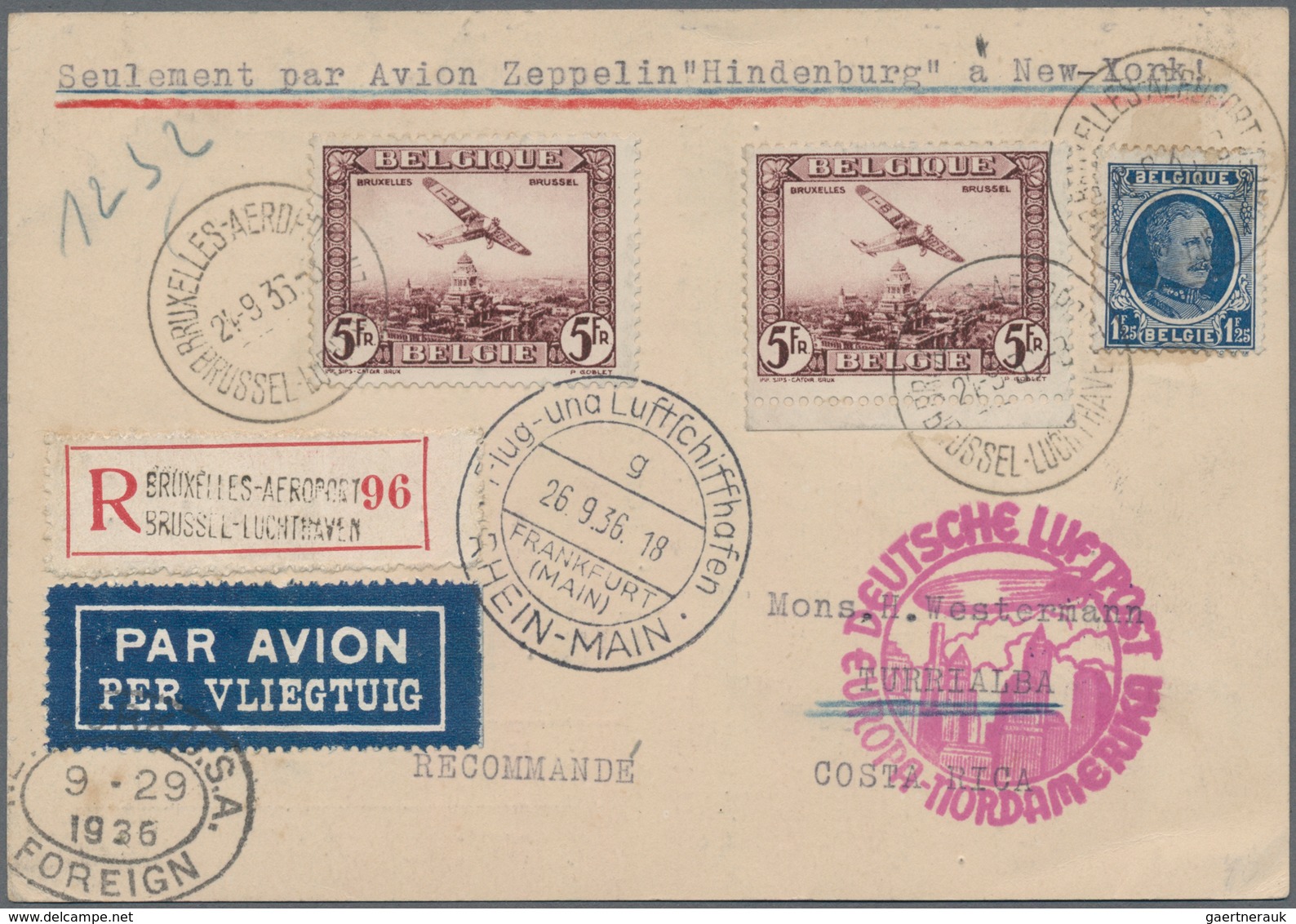 Zeppelinpost Europa: 1936, 9. NAF LZ 129, Zuleitung Belgien, Einschreibbrief Mit 2x5 Fr. Und 1,25 Fr - Europe (Other)