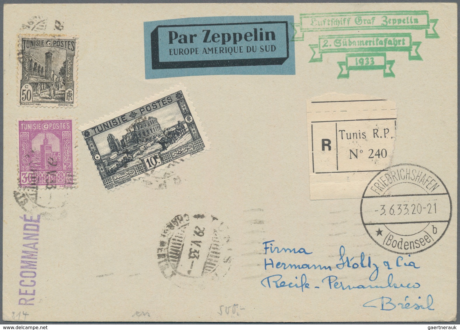 Zeppelinpost Übersee: 1933, TUNESIA, 2. Southamerica Flight With 'Graf Zeppelin', Tunisian Post 30 A - Zeppeline