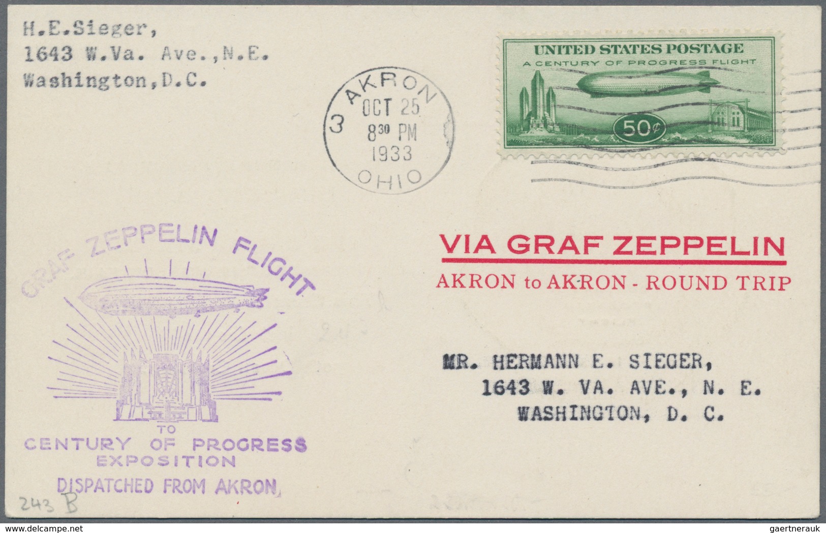 Zeppelinpost Übersee: 1933, USA, Chicago Flight With 'Graf Zeppelin', American Post 50 C. Green, One - Zeppelins