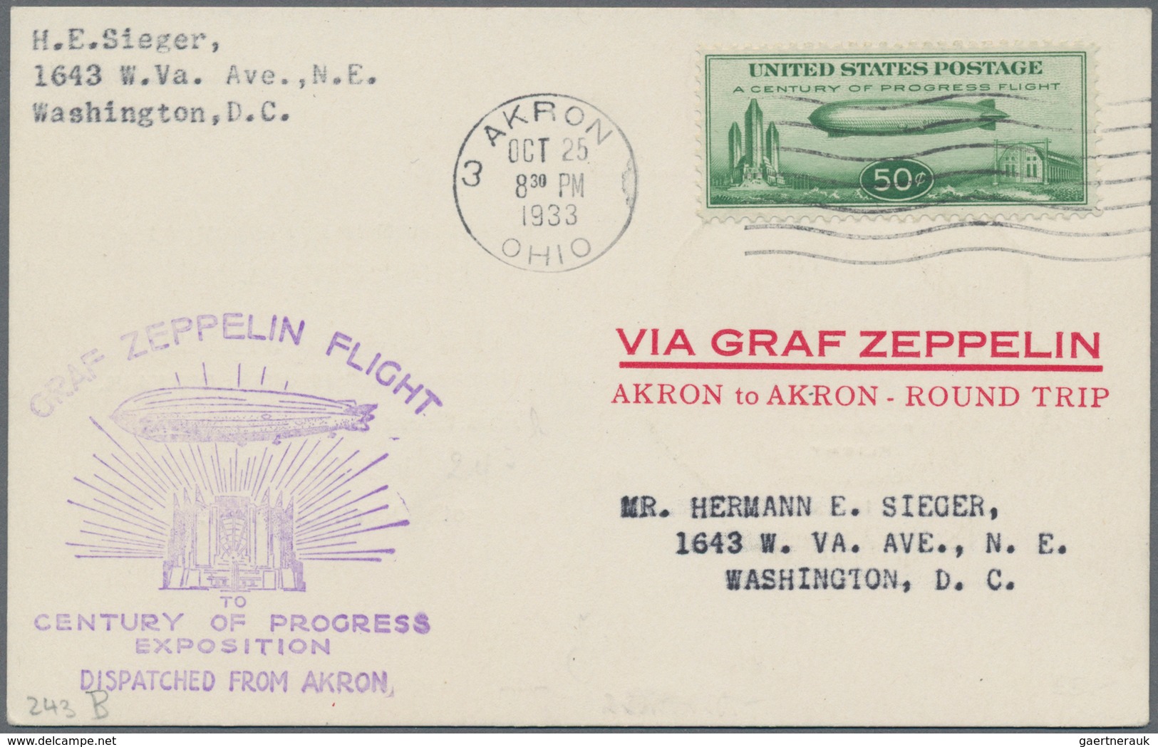 Zeppelinpost Übersee: 1933, USA, Chicago Flight With 'Graf Zeppelin', American Post 50 C. Green, One - Zeppeline