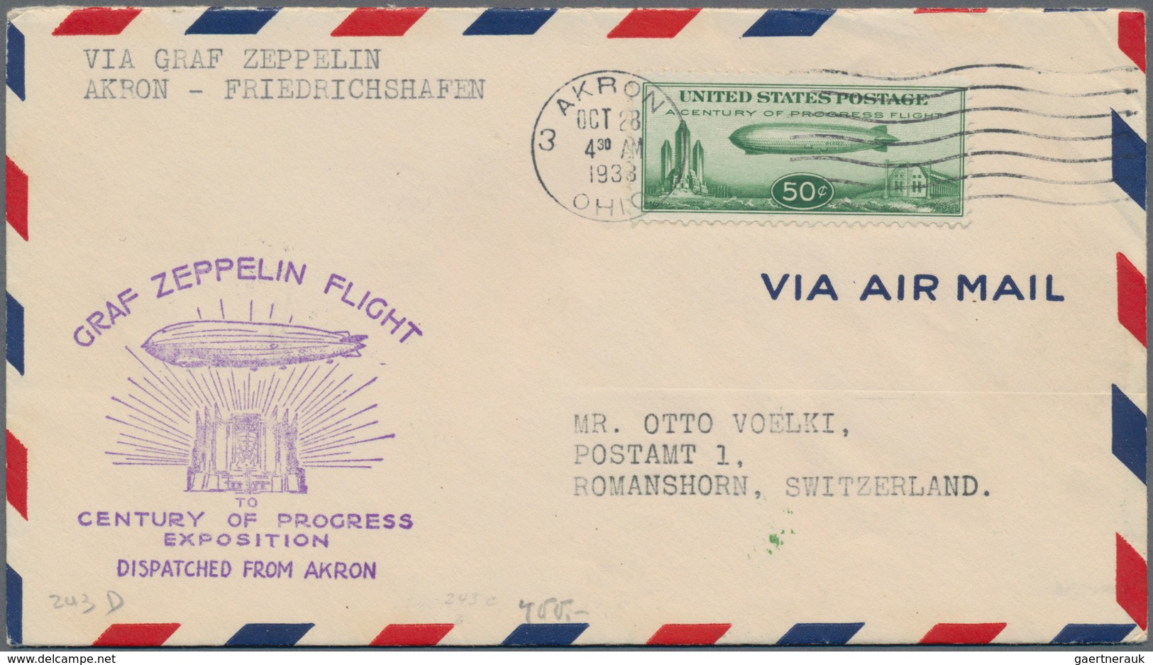 Zeppelinpost Übersee: 1933, USA, Chicago Flight With 'Graf Zeppelin', American Post 50 C. Green, One - Zeppeline