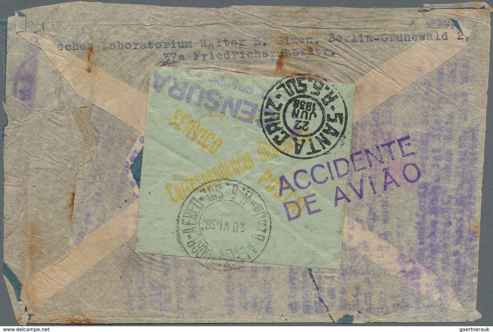Katastrophenpost: GERMANY: 1938, Airmail Letter From BERLIN To SANTA CRUZ/Brazil With A Green Shutte - Sonstige & Ohne Zuordnung