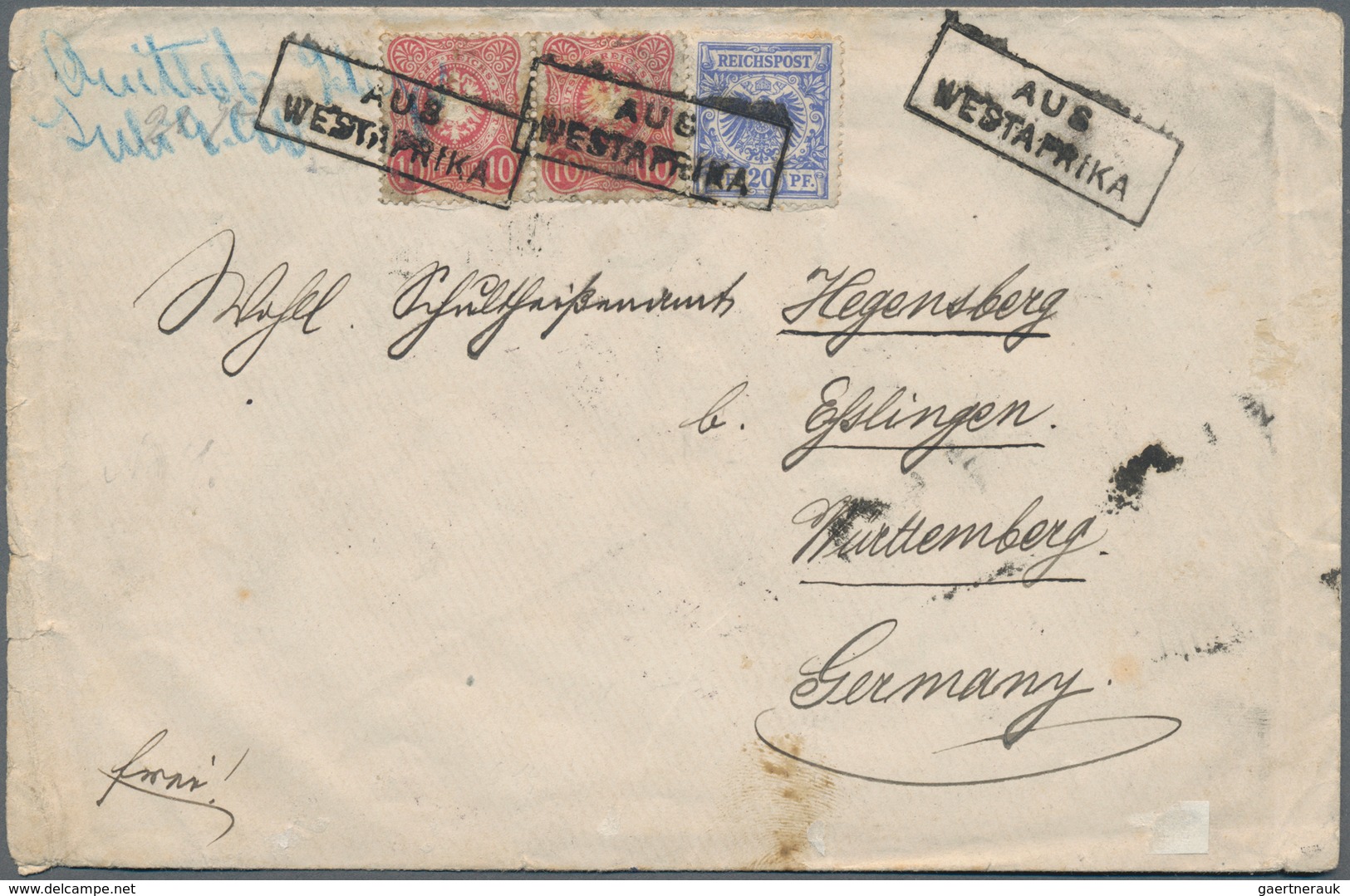 Schiffspost Deutschland: 1890, Brief Mit 2 X 10 Pf Und 20 Pf, Entwertet Mit Ra2 "AUS/WESTAFRIKA" Und - Covers & Documents