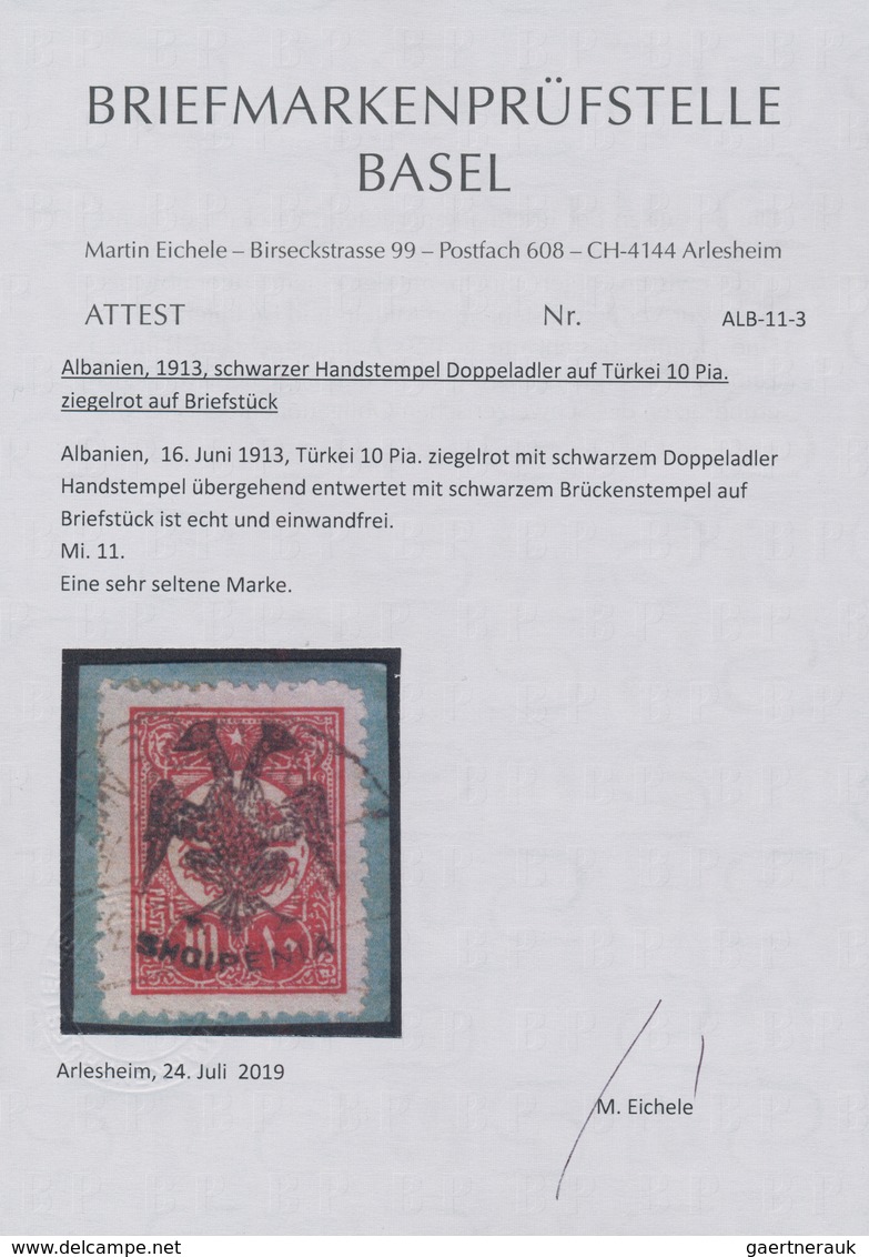 Albanien: 1913, Double Headed Eagle Overprints, 15pi. Vermillion Used On Piece Neatly Cancelled, Sig - Albania