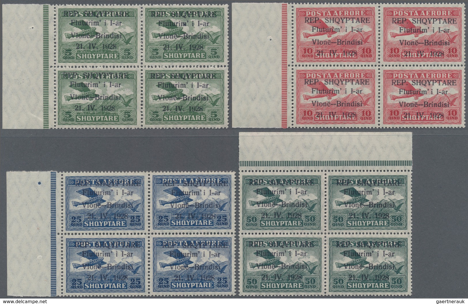 Albanien: 1928, Airmails, 5q.-3fr., Complete Set Of Seven Values In Marginal Blocks Of Four, Mint Ne - Albania
