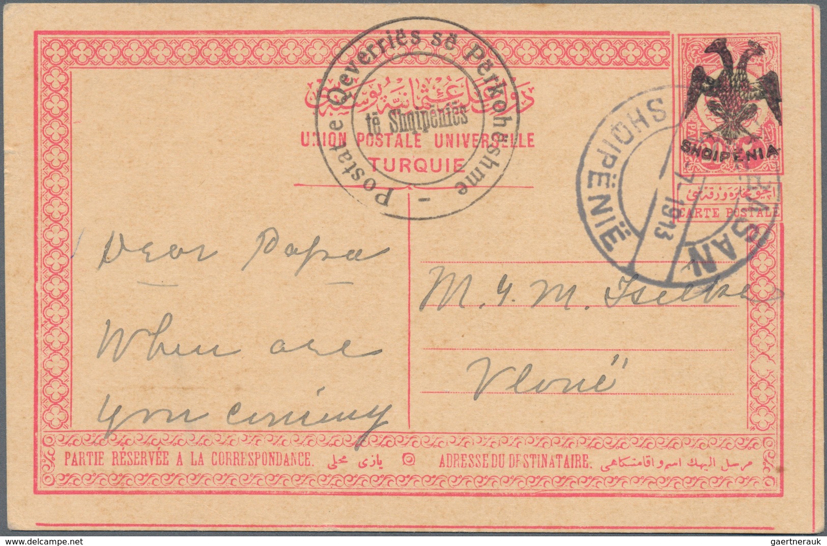 Albanien - Ganzsachen: 1913, 20 Pa Red On Buff Postal Stationery Card With Black Ovp SHQIPENIA And E - Albania