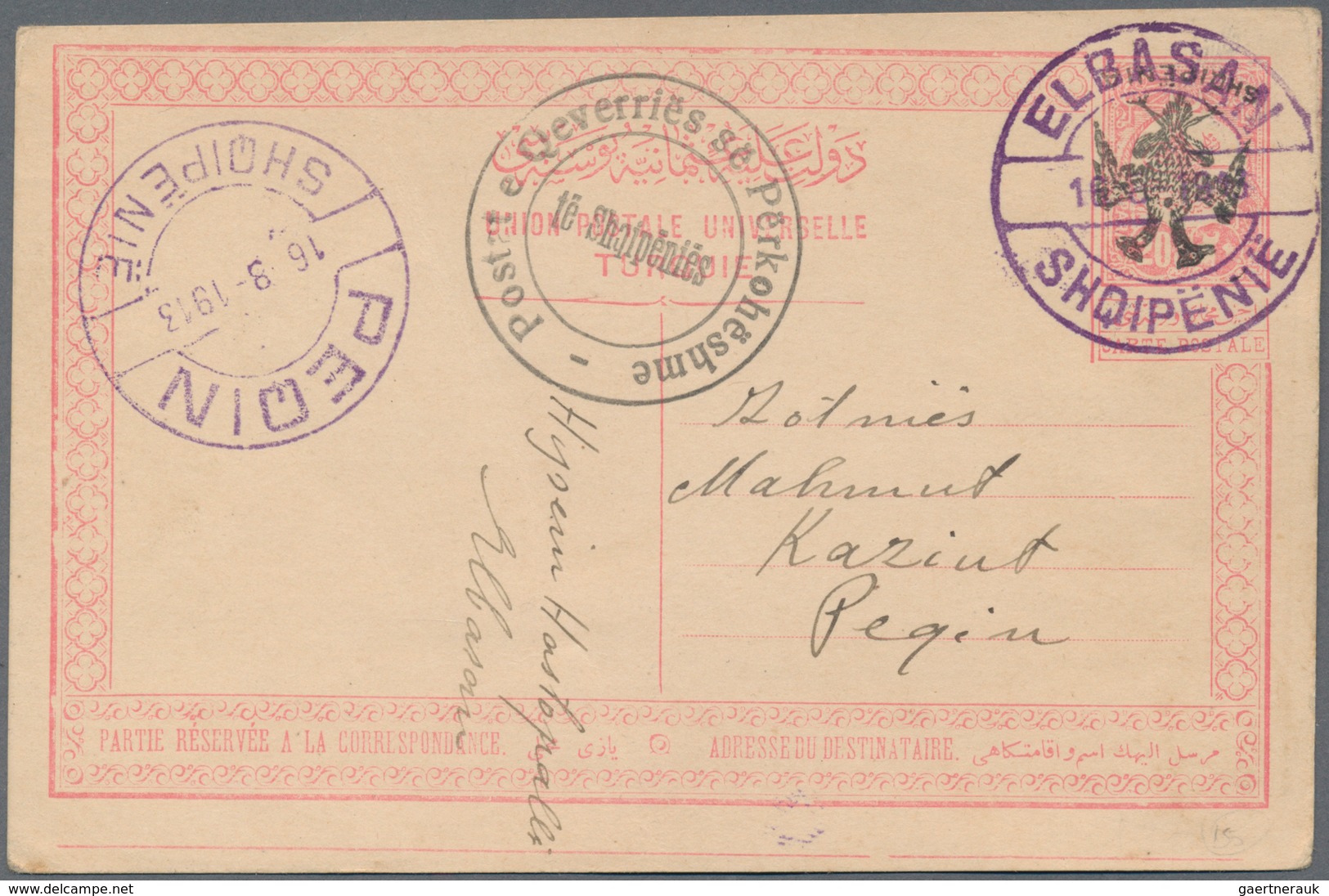 Albanien - Ganzsachen: 1913, Postal Stationery Card, 20 Pa With INVERTED Double Headed Eagle Overpri - Albanien