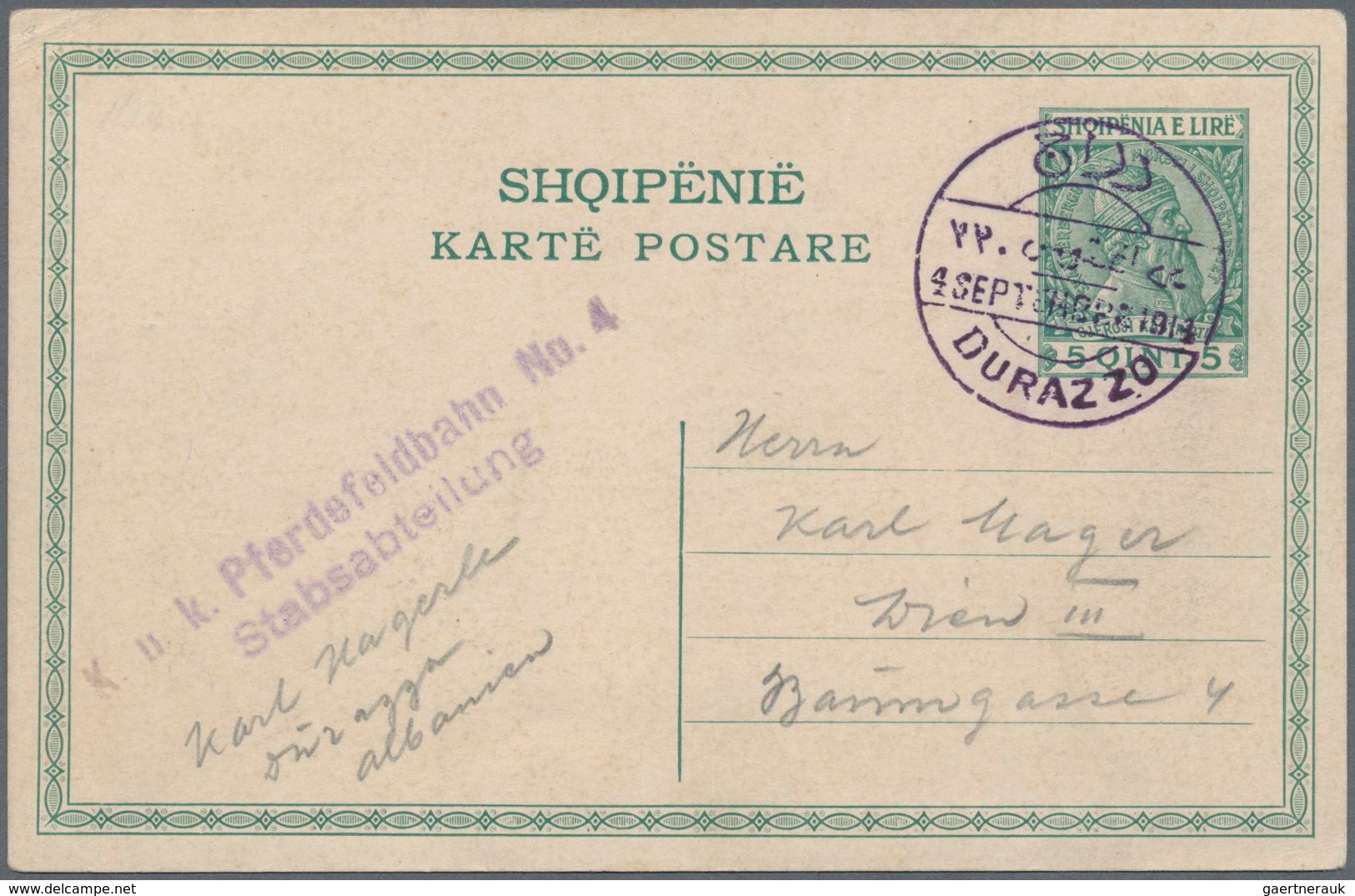 Albanien - Ganzsachen: 1918 Commercially Used Postal Stationery Card 5 Qint Green From Durazzo, The - Albanien