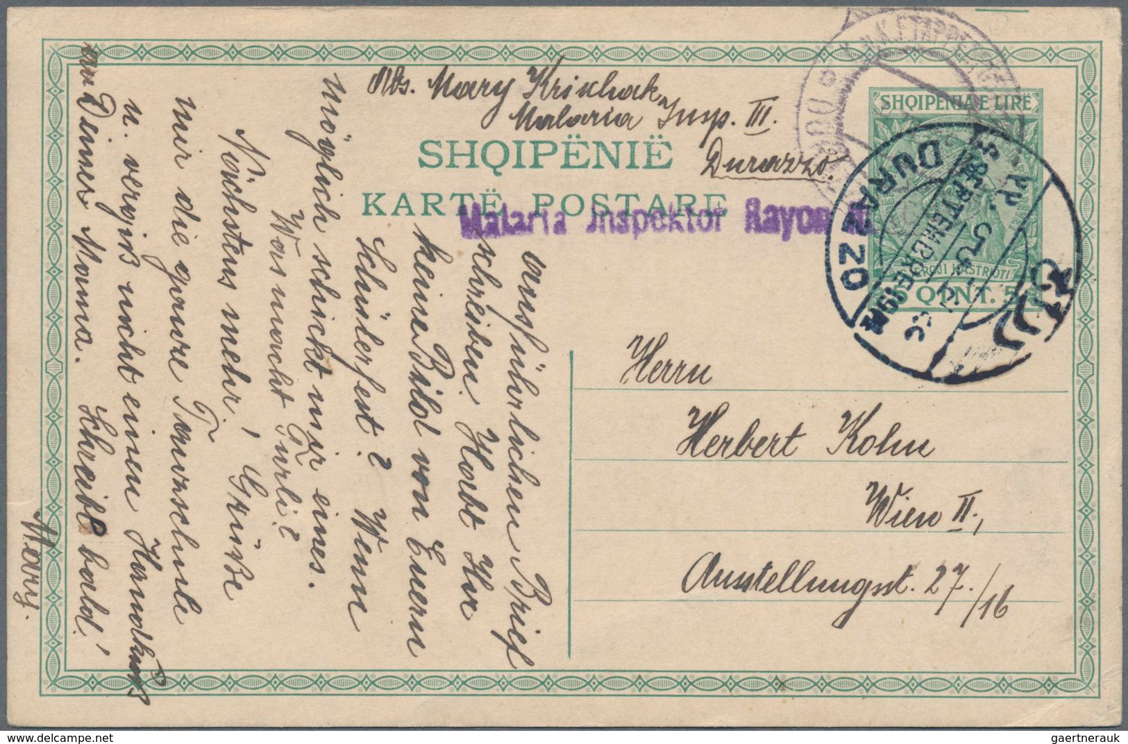 Albanien - Ganzsachen: 1918 Commercially Used Postal Stationery Card 5 Qint Green From Durazzo, Fiel - Albania