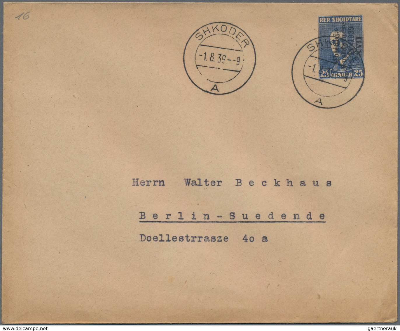 Albanien - Ganzsachen: 1939, 25 Q Blue Postal Stationery Cover With Overprint Cancelled "SHKODER" To - Albanien