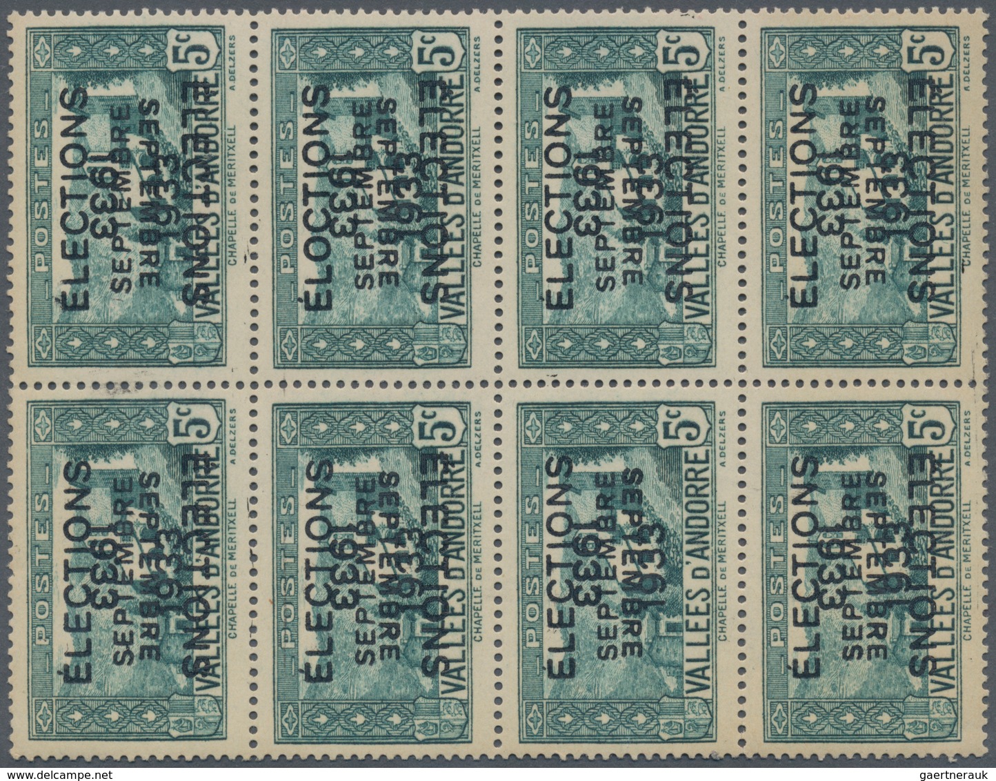 Andorra - Französische Post: 1933, "ELECTIONS" Overprints, Private Issue, 5c. Greenish Blue In Block - Sonstige & Ohne Zuordnung