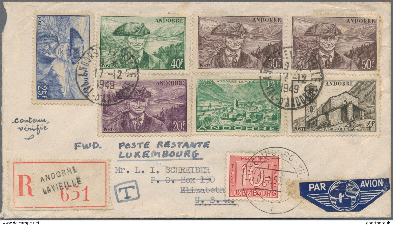 Andorra - Französische Post: 1949, 7 Items Mixed Franking On Registered Letter From Lavieille To USA - Sonstige & Ohne Zuordnung