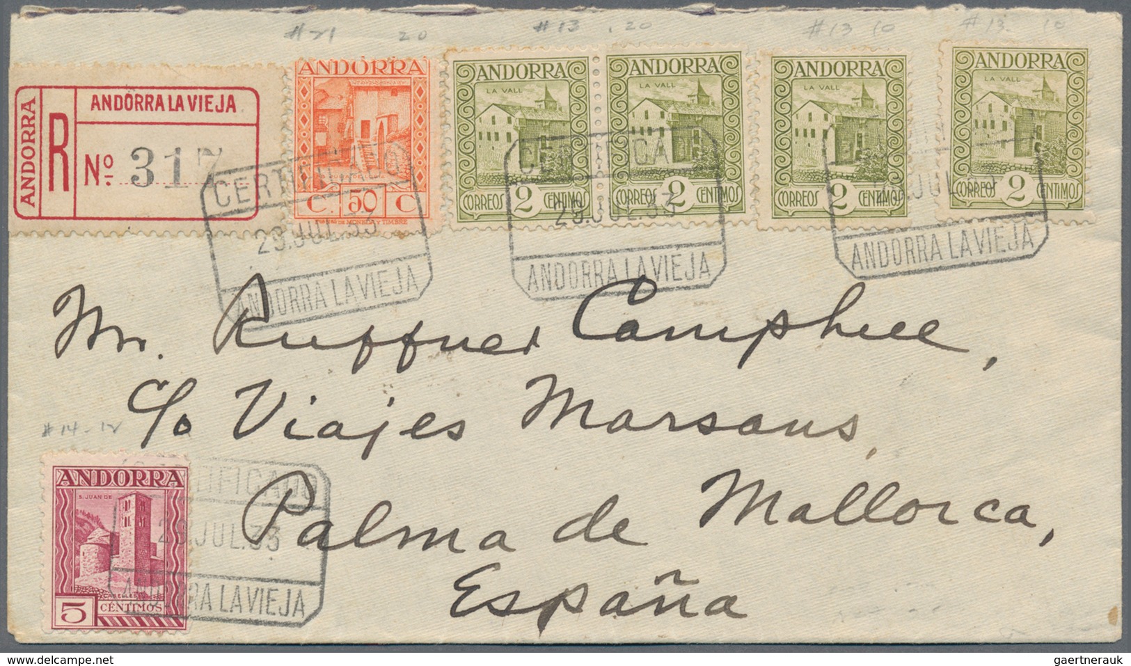 Andorra - Spanische Post: 1933, 2 C Olive (four Items), 5 C Carmine And 50 C Orange Mixed Franking O - Other & Unclassified