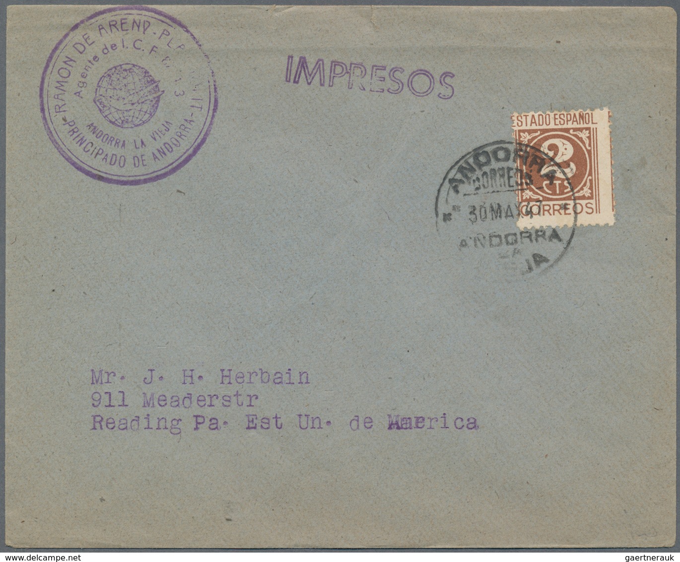 Andorra - Spanische Post: 1947, 2 C Brown Spanish Stamp Single Franking On Printed Matter To USA, Sc - Other & Unclassified