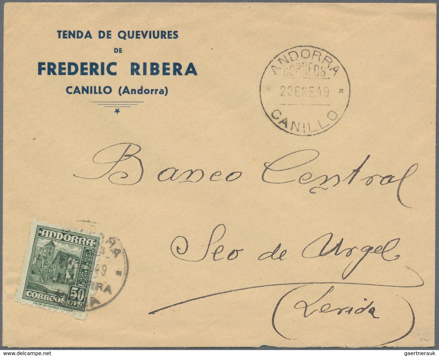 Andorra - Spanische Post: 1949, 50 C Green Single Franking On A Letter From Canillo To Lerida - Andere & Zonder Classificatie