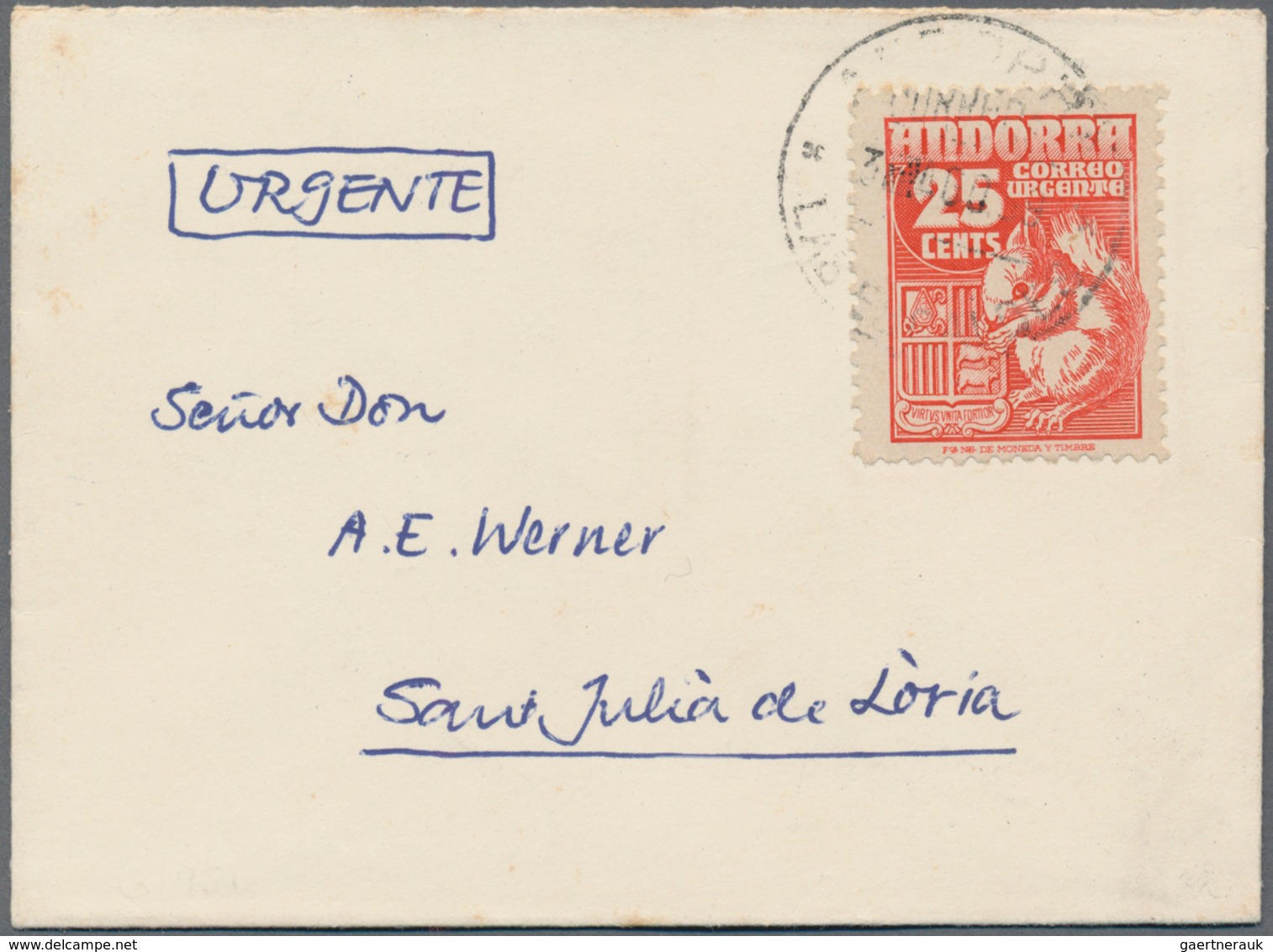 Andorra - Spanische Post: 1949, 25 C Red Single Franking On A Small Letter ("Urgente") To Sant Julia - Sonstige & Ohne Zuordnung