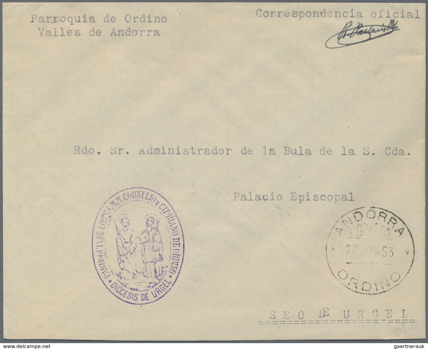 Andorra - Spanische Post: 1953, "DIOCESIS DE URGEL" Violet Sender Handstamp And Note "Correspondenci - Other & Unclassified