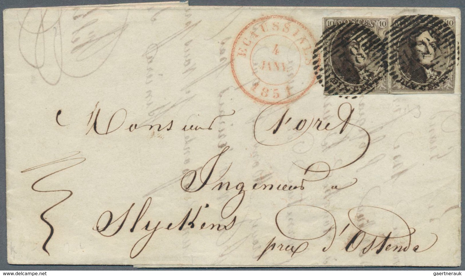 Belgien: 1851, EARLY USAGE 10c. Brown Horiz. Pair, Fresh Colour, Touched To Full Margins, On Letters - Other & Unclassified