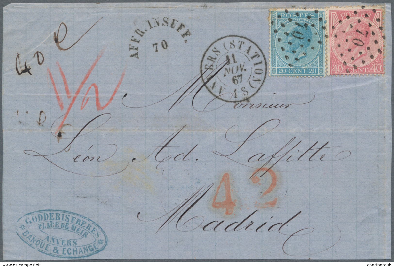 Belgien: 1867, 20 C Blue And 40 C Rose Also 30 C Brown And 40 C Rose Each On Two Letter-frontsides F - Other & Unclassified