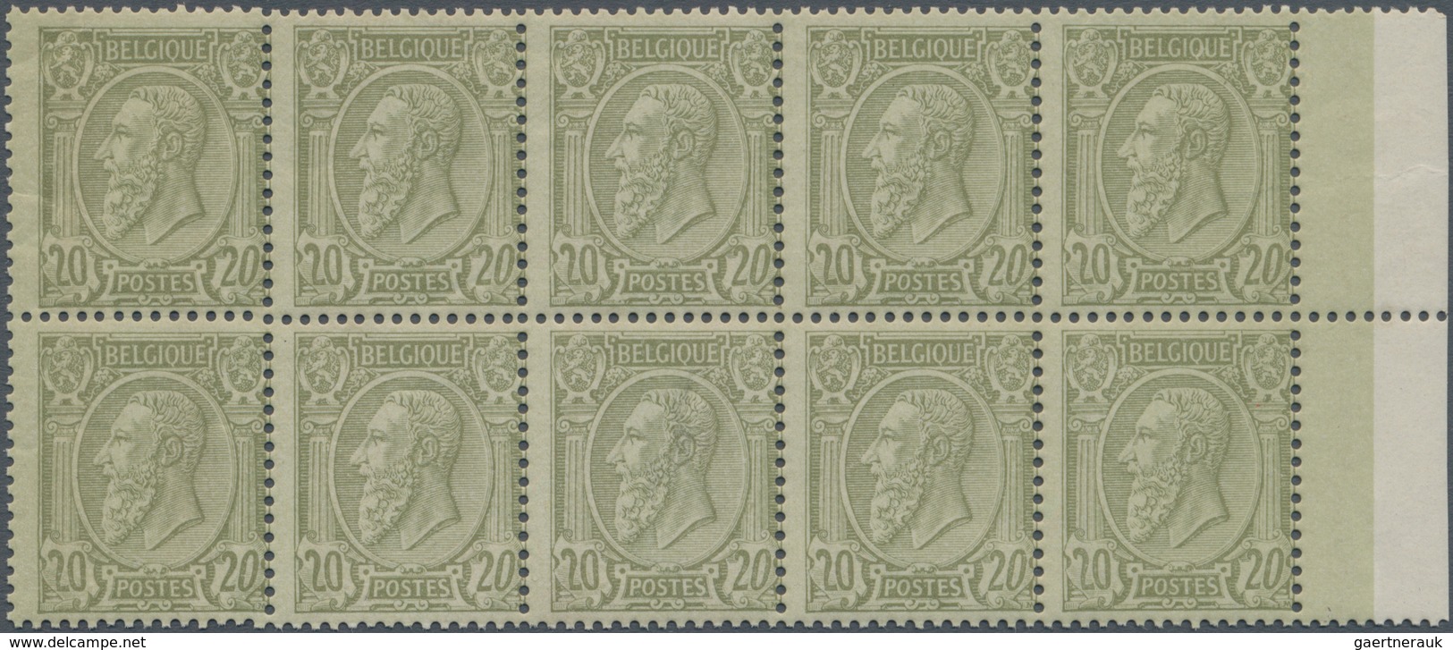 Belgien: 1886 'King Leopold II.' 20c. Olive, Right-hand Marginal Block Of 10 (2x5), Mint Never Hinge - Sonstige & Ohne Zuordnung