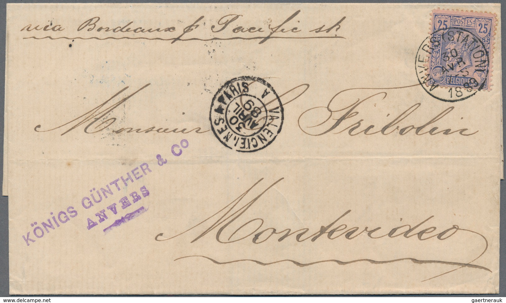 Belgien: 1889 Destination URUGUAY: Three Folded Letters Sent From Antwerp Station To Montevideo, Uru - Other & Unclassified