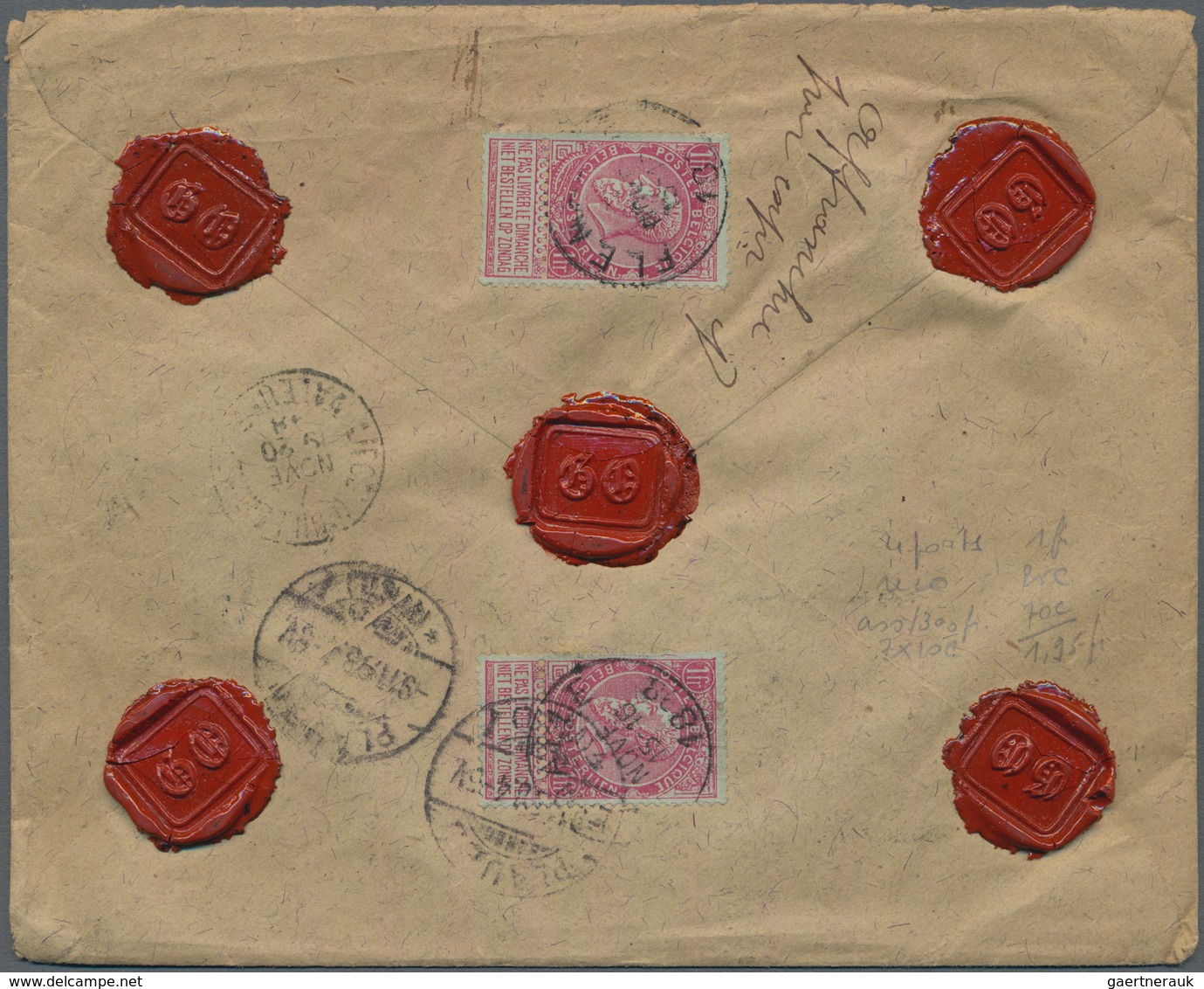 Belgien: 1893 'King Leopold II.' 1fr. Carmine On Green, Two Singles Used On Back Of Insured Cover Fr - Other & Unclassified