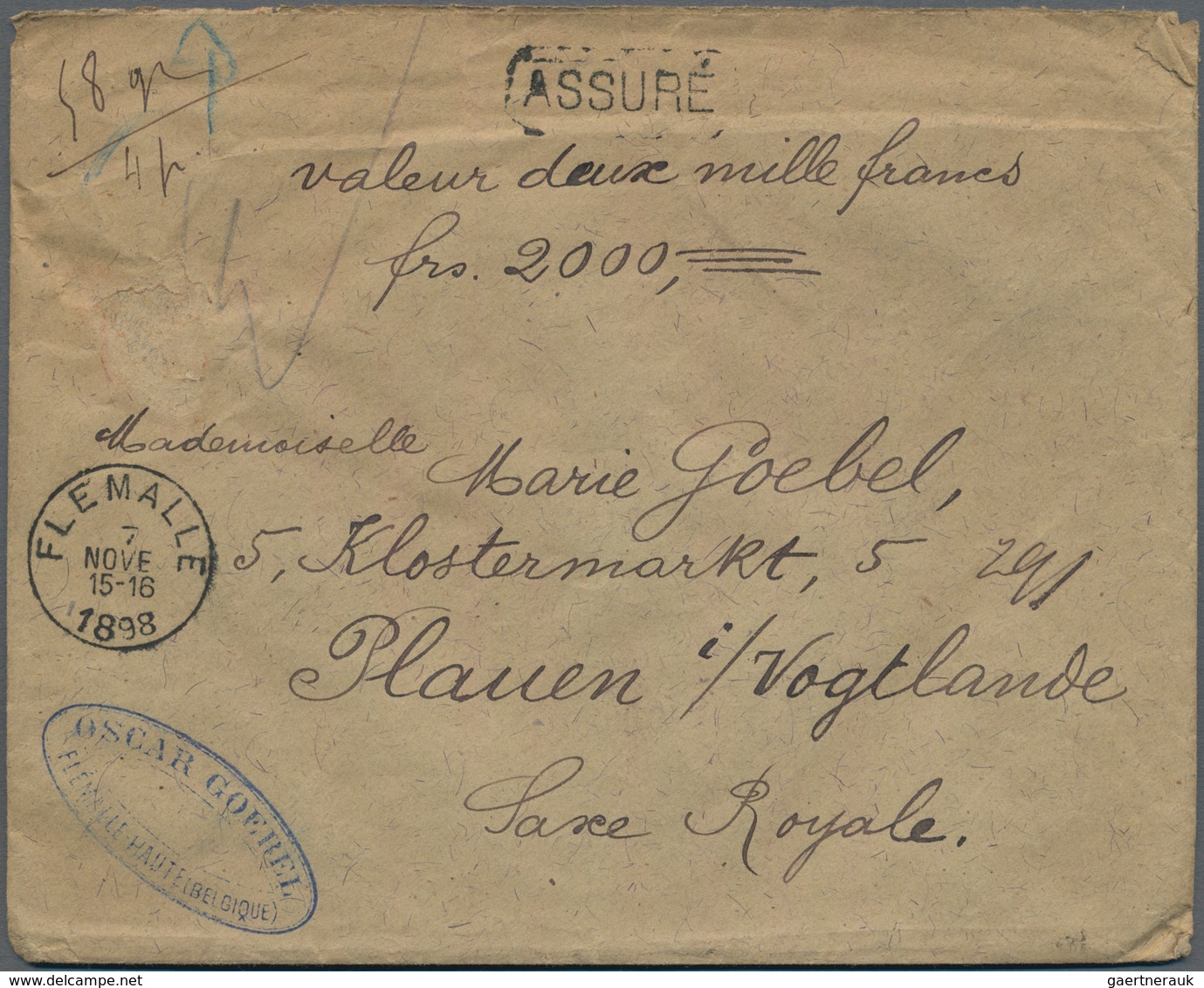 Belgien: 1893 'King Leopold II.' 1fr. Carmine On Green, Two Singles Used On Back Of Insured Cover Fr - Other & Unclassified