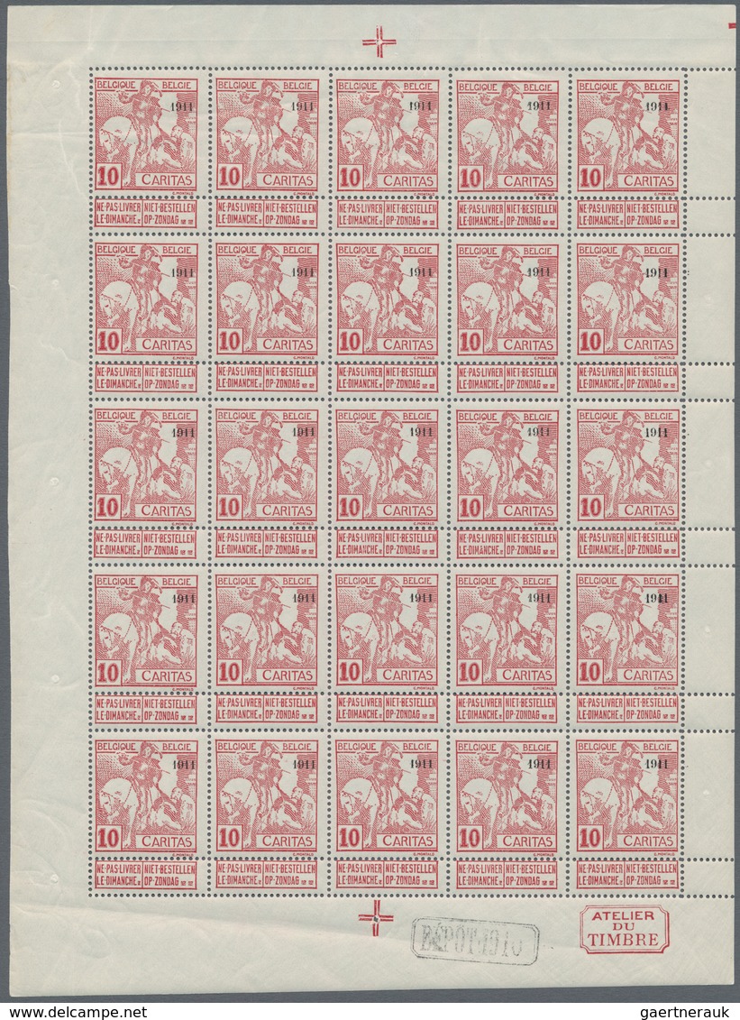 Belgien: 1911, Caritas Issue (type Montald) 10c. Carmine With Opt. '1911' Complete Sheetlet With 25 - Other & Unclassified