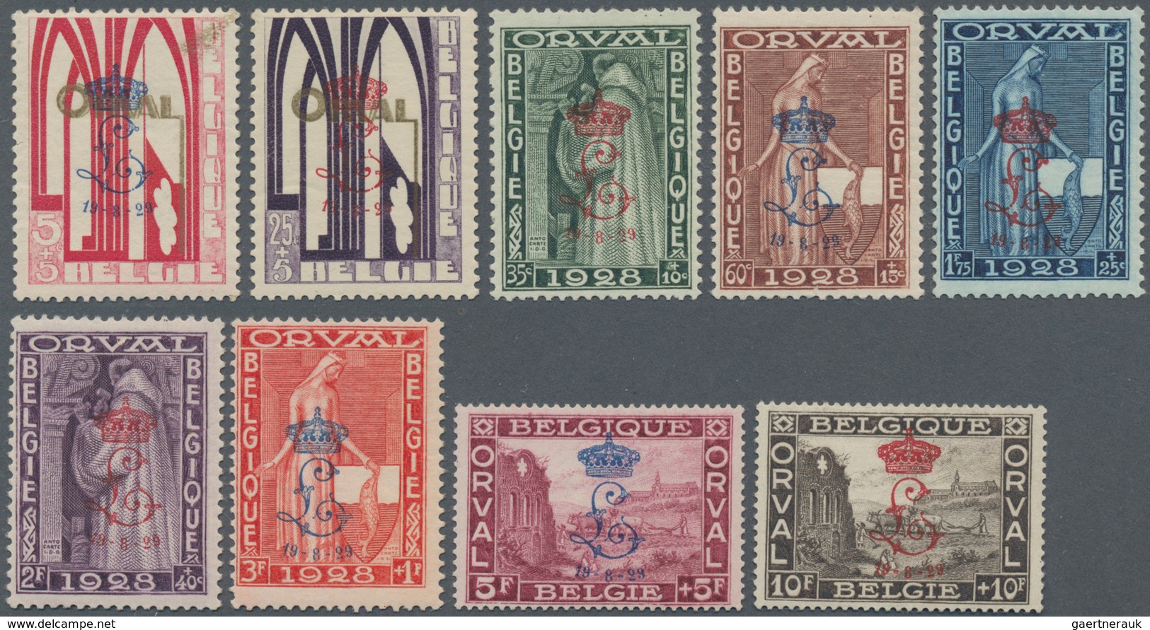 Belgien: 1929, Orval With Blue Overprints "Crowned L", 5c.-10fr., Complete Set Of Nine Values, Fresh - Other & Unclassified
