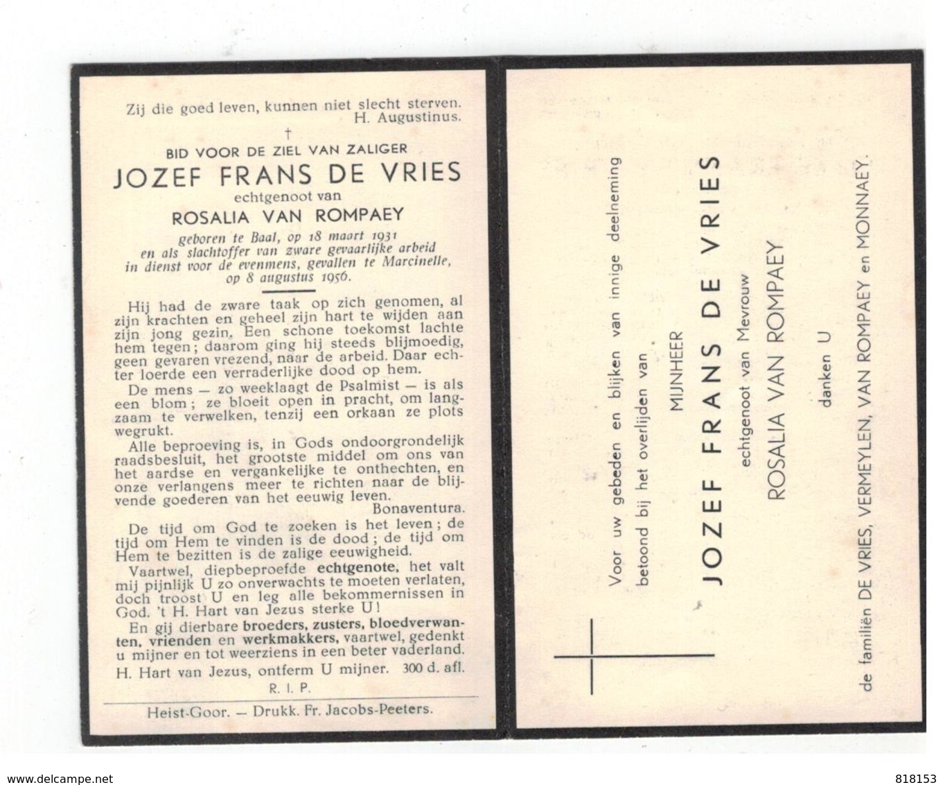 DP JOZEF FRANS DE VRIES Geb. Baal 1931,gevallen Tgv Mijnramp V Marcinelle 1956,echtg.v ROSALIA VAN ROMPAEY - Religion & Esotérisme