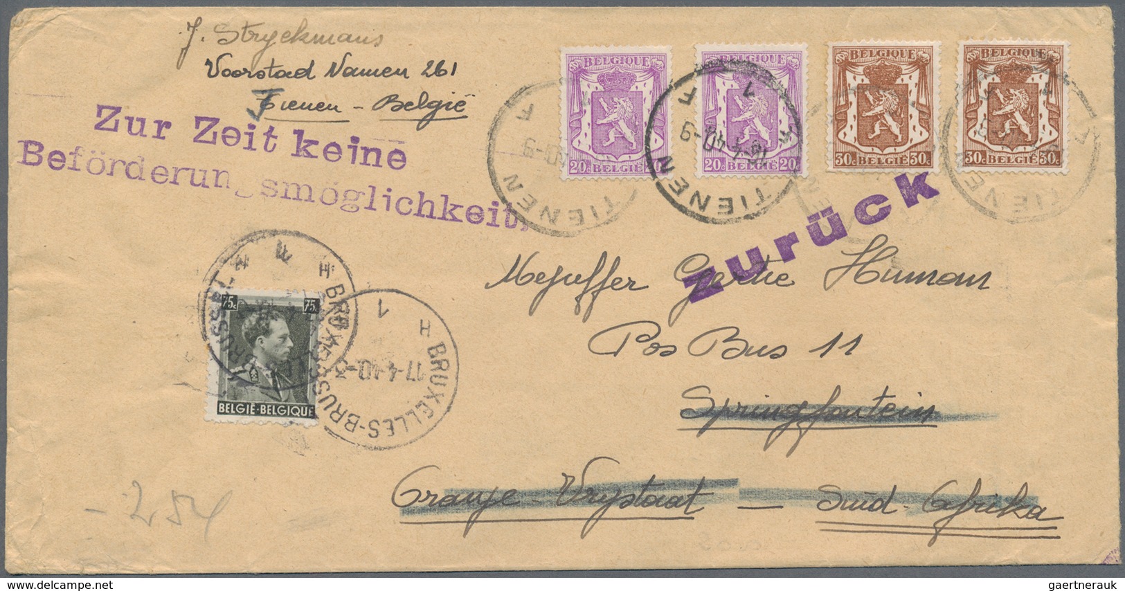 Belgien: 1940, Franked Letter From TIENEN To SOUTH AFRICA With German OKW-censor Ship Strip (on Reve - Other & Unclassified