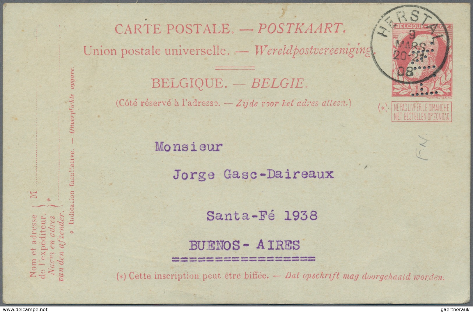 Belgien - Ganzsachen: 1906/1908 Destination ARGENTINA: Postal Stationery Card 10c. With PERFIN "F.N. - Sonstige & Ohne Zuordnung
