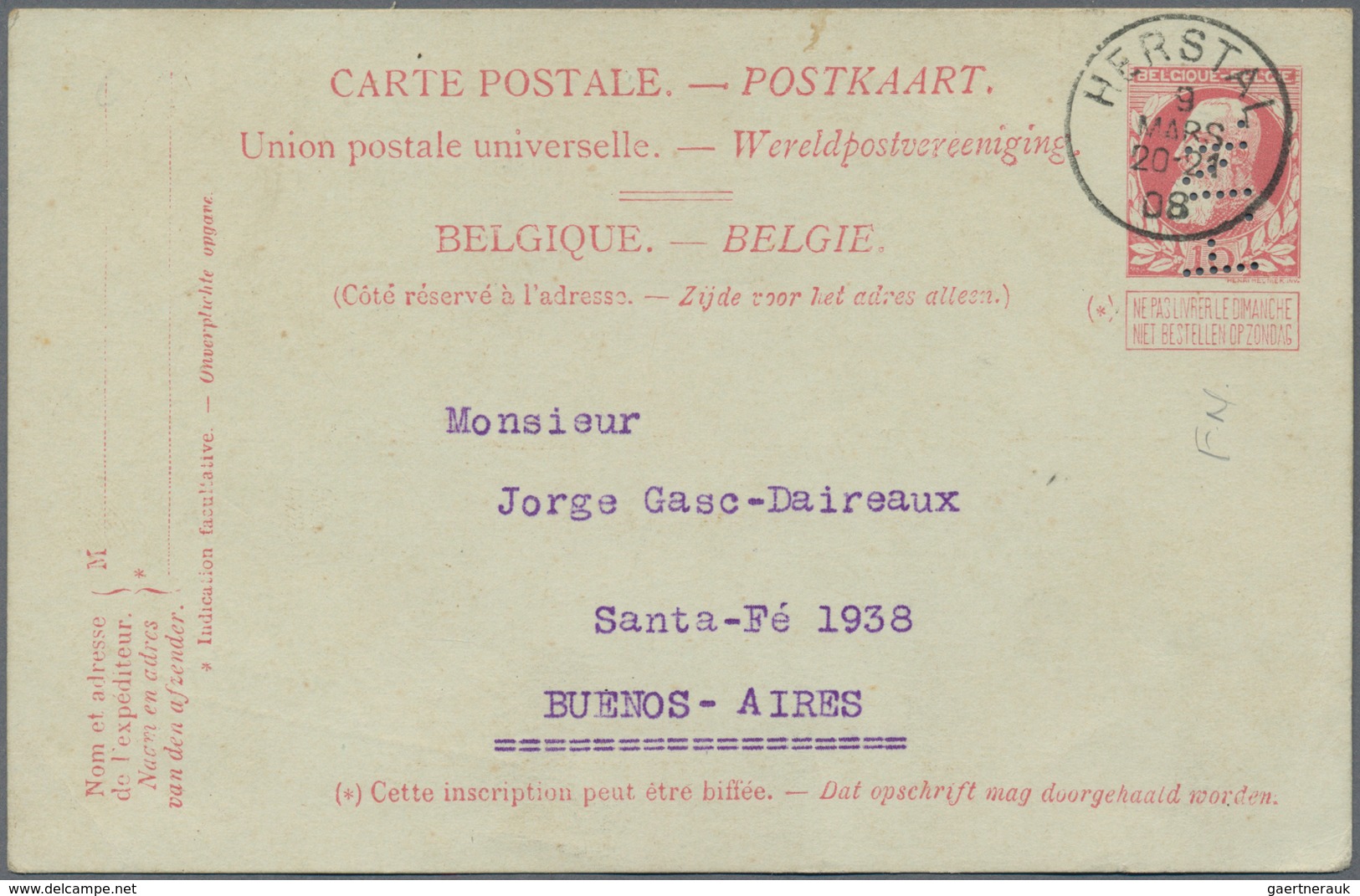 Belgien - Ganzsachen: 1906/1908 Destination ARGENTINA: Postal Stationery Card 10c. With PERFIN "F.N. - Other & Unclassified