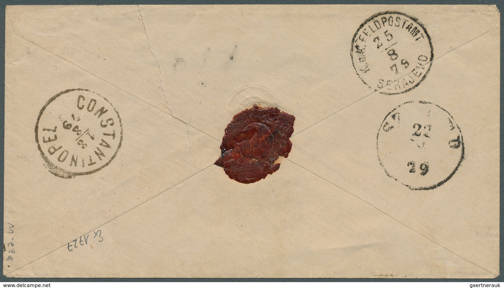 Bosnien Und Herzegowina: 1879, Incoming Mail From Bulgaria: Austrian Levant 10so. Blue, Single Frank - Bosnia And Herzegovina